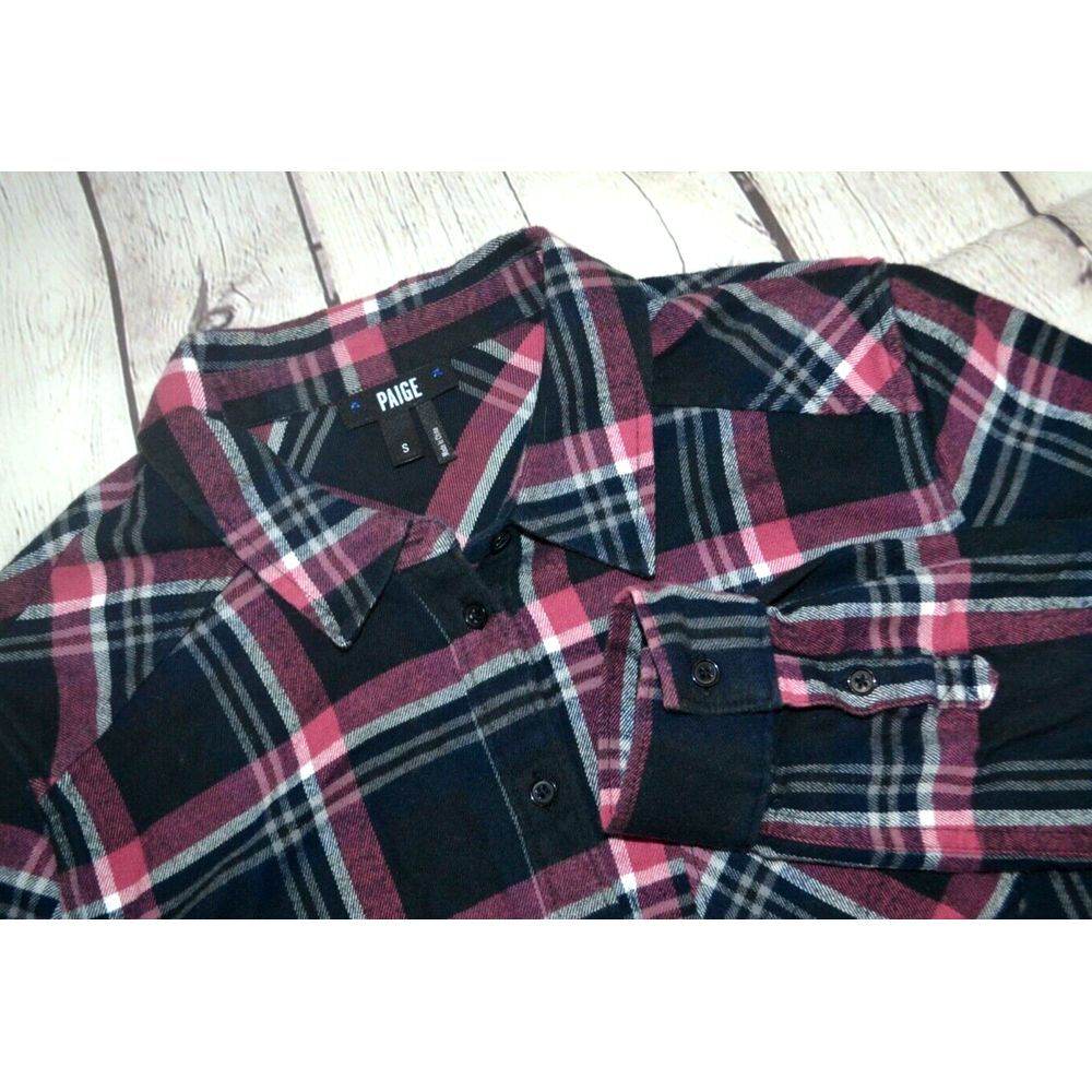 PAIGE Women's Long Sleeve Button Front Flannel Shirt SIZE SMALL Black Pink Plaid